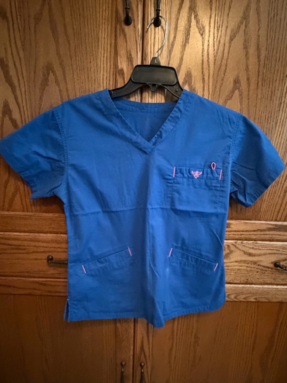 Med Couture Royal Blue V-Neck Short Sleeve Scrub Top with Pink Accents